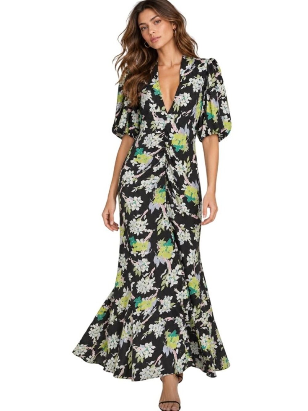 byTiMo floral puff sleeve crepe maxi dress - Size S